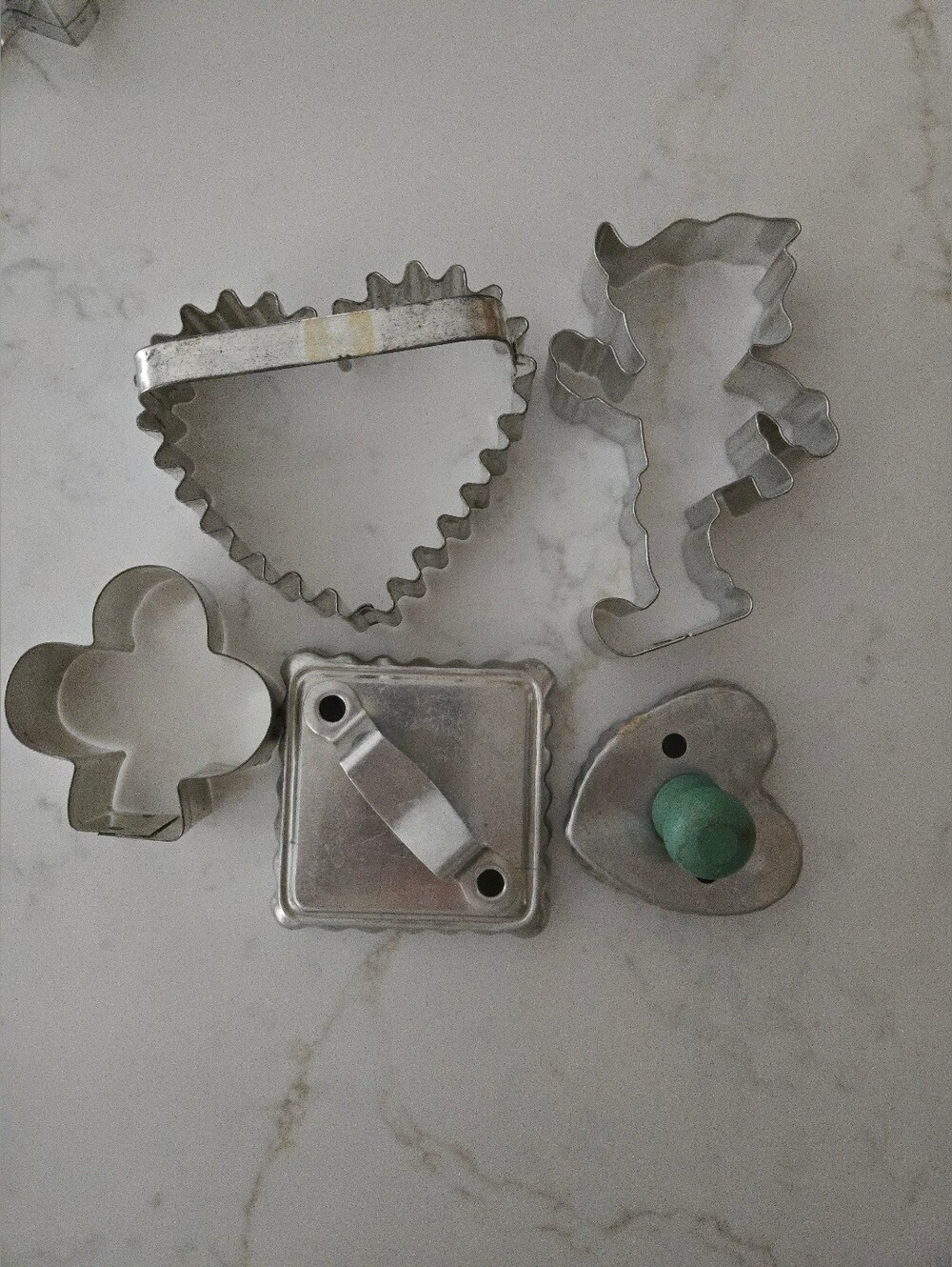 Vintage Metal Cookie Cutter Set Of 5- 2 Hearts,Square/diamond. Club, Leprechaun